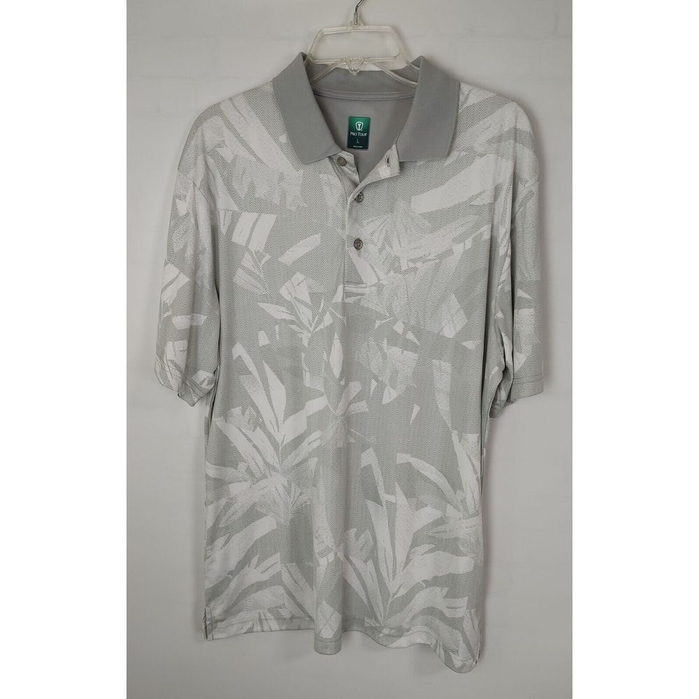 Pro Tour Mens Large Grey White Tropical Herringbone Golf Polo Shirt Short Sleeve